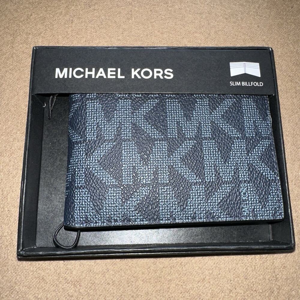 Michael Kors Jet Set Mens Slim Bifold Wallet AOP MK logo Blue Blue NWT